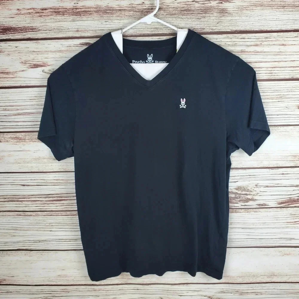 Psycho Bunny Mens Size 6/Large Black Classic V-Neck Short Sleeve Shirt       #21